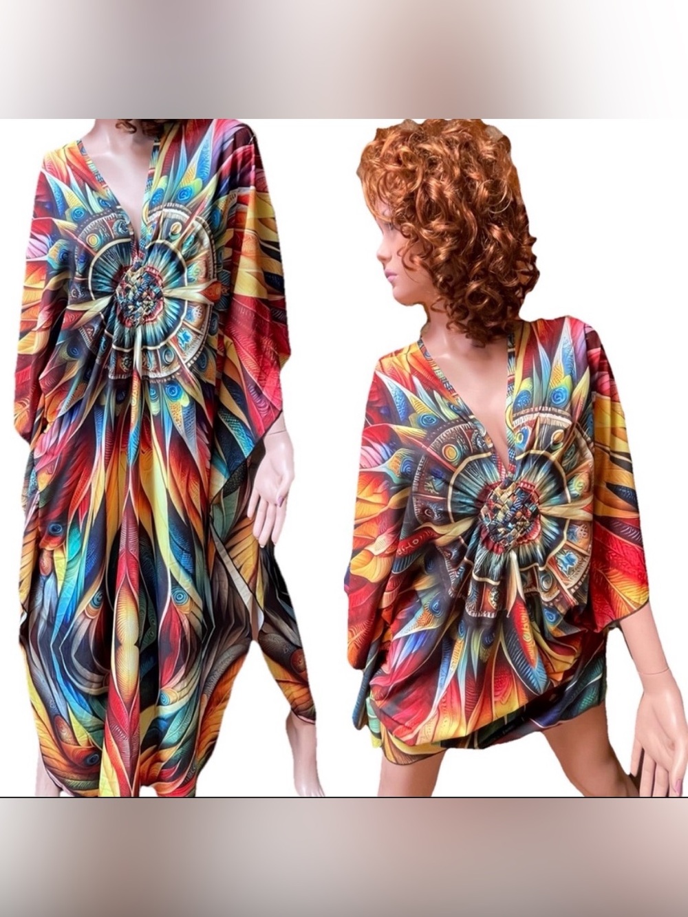 Fabulous Colorful Feather Print CAFTAN Resort DRESS O/S